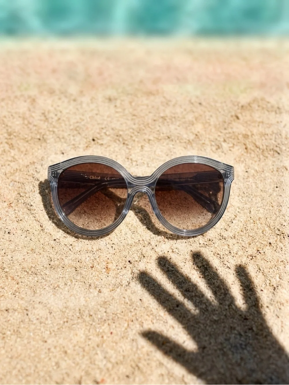 Chole gray Round Sunglasses with Tan Suede Case
